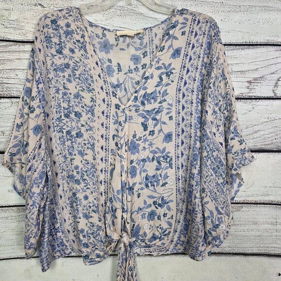 Lovestitch L Blue White Floral Boho Tie Front Kimono Top - Picture 2 of 8